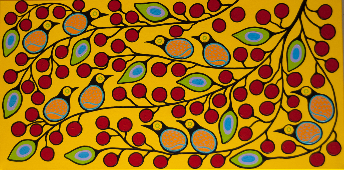 “Birds with Cherries” Acrylic on canvas 24” x 48”